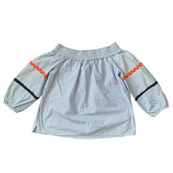 Crown & Ivy off shoulder seersucker blue and white pin stripe shirt size medium - Picture 5 of 6